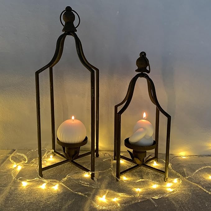 Large Tall Shabby Chic Lanterns Decorative Indoor Outdoor, Outside Gifts Front Porch Patio Vintage Metal Candle Holders, Fireplace Table Floor Farmhouse Rustic Decor Set of 2