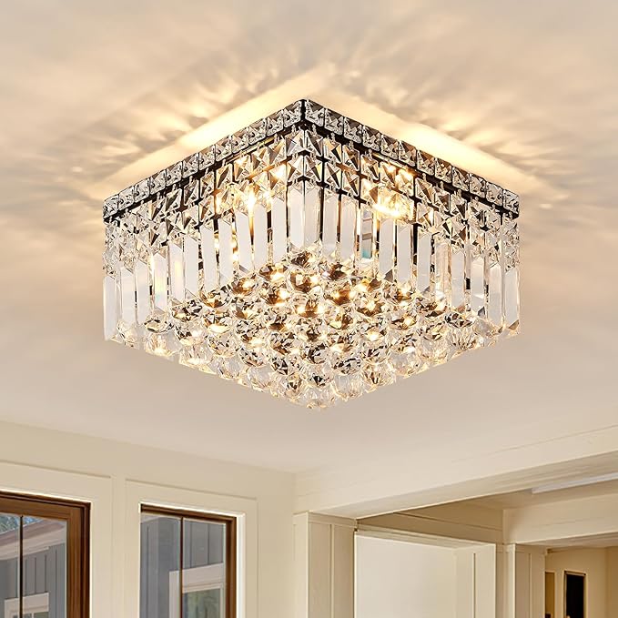 4-Light Black Crystal Chandeliers Flush Mount Chandelier Light Fixture with K9 Crystals Modern Ceiling Lights Elegant Square Lamp for Bedroom,Hallway,Bar,Living Room,Dining Room,H5.9 xW13.7