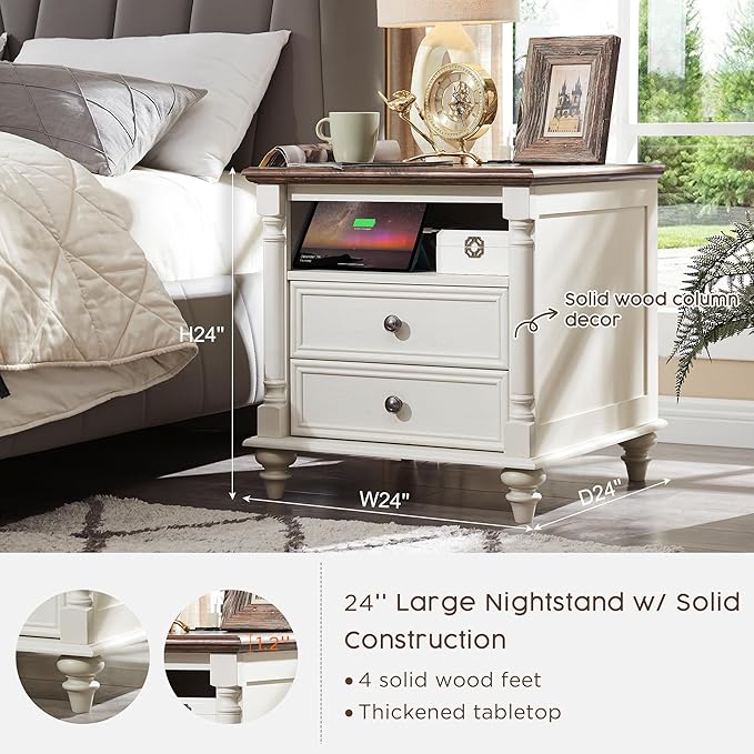 T4TREAM 24'' Farmhouse End Table w/4 Solid Wood Feet, Large 2 Drawers Wide Sofa Side Table with Charging Station, Tall Rustic Wood Square Nightstand for Living Room, Bedroom, Office, Antique White