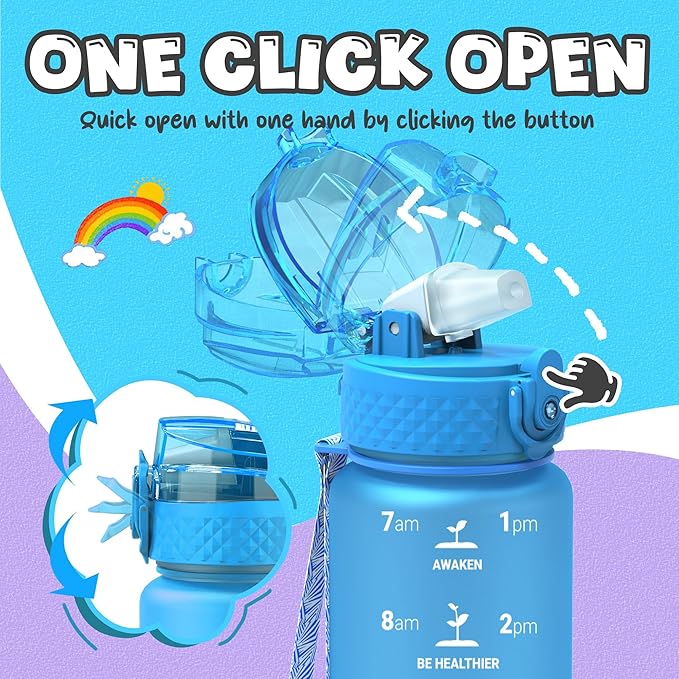 OLDLEY Kids Water Bottle for School, 17 oz (Straw Lid) BPA-Free Reusable Leak-proof Durable Tritan Plastic Water Bottles with One-handed Opening Straw Lids, Anti-dust Spout Cover (Lake)