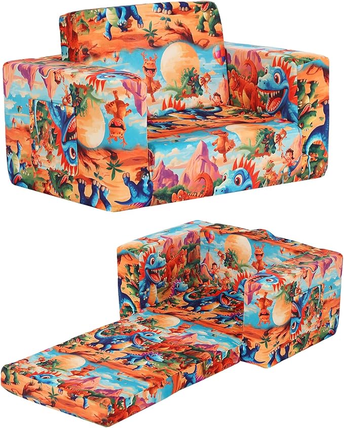 Toddler Chair Kids Couch, 2-in-1 Toddler Soft Sherpa Couch Fold Out Armchair with Removable Cover, Convertible Reading Chair Toddler Sofa for Kids, Orange Dinosaur