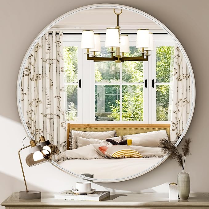 30 Inch Round Bathroom Mirror - Wall Mounted Circle Mirror with Metal Frame, Modern Mirror Suitable for Bathroom, Vanity, Entryway, Living Room, Wall Decor,Silver