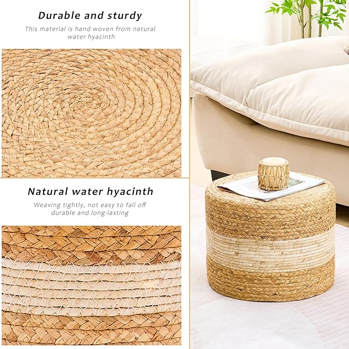 Handwoven Water Hyacinth Ottoman Pouf, Round Outdoor Footstool with Sturdy Frame, No Assembly Needed, Boho Accent Stool for Indoor & Outdoor Use – Patio, Balcony, Living Room (White)