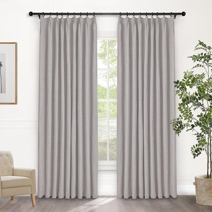 Macochico 100% Blackout Pinch Pleated Linen Curtains Thermal Window Treatments Sound Reducing Curtains for Bedroom Living Room Browish Grey Farmhouse Burlap Drapes with Tieback 52”Wx63”L 1 Panel