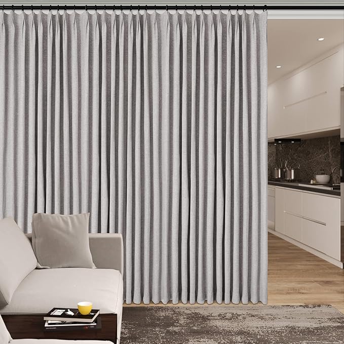 100% Blackout Linen Textured Drapes for Bedroom Pinch Pleated Curtains for Track System Portable Drapery for Sliding Glass Door/Storage/Space Room Divider, 70" Wx96 L, 1 PC, Browish Grey