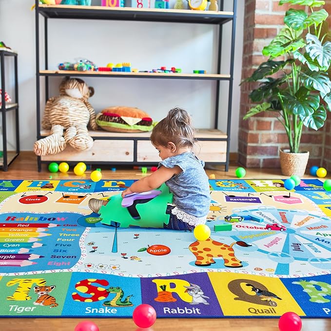 Kids Rugs for Playroom Bedroom Classroom Nursery, Non-Slip and Washable Rugs for Children Toddlers Girls, Educational and Fun Rug Carpets with ABC Alphabet Animals Shapes, 7x10, Blue