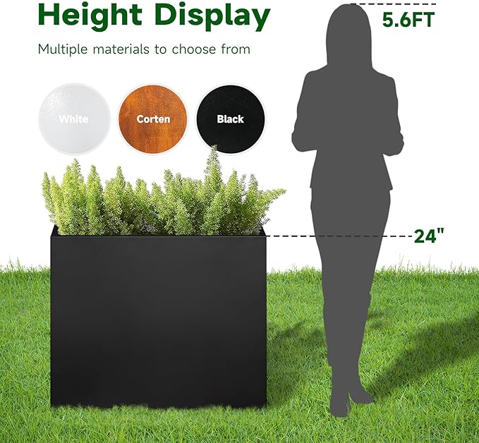 Galvanized Steel Metallic Heavy Planter for Outdoor Plants Metal Outdoor Planter Spliced Flower Box with Partitions for Outside,Indoor,Garden (Black, 24 * 10 * 24)