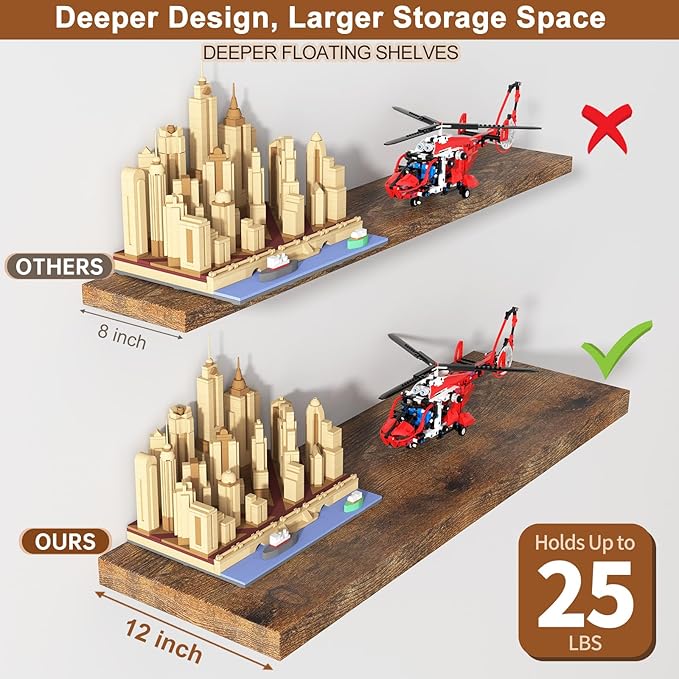 12 Inch Deep Floating Shelves for Wall 1 Pack Floating Shelves Large Storage Space Wall Mount Shelf for Living Room Kitchen Bathroom 36" W x 12" D x 1.2" H Rustic Brown