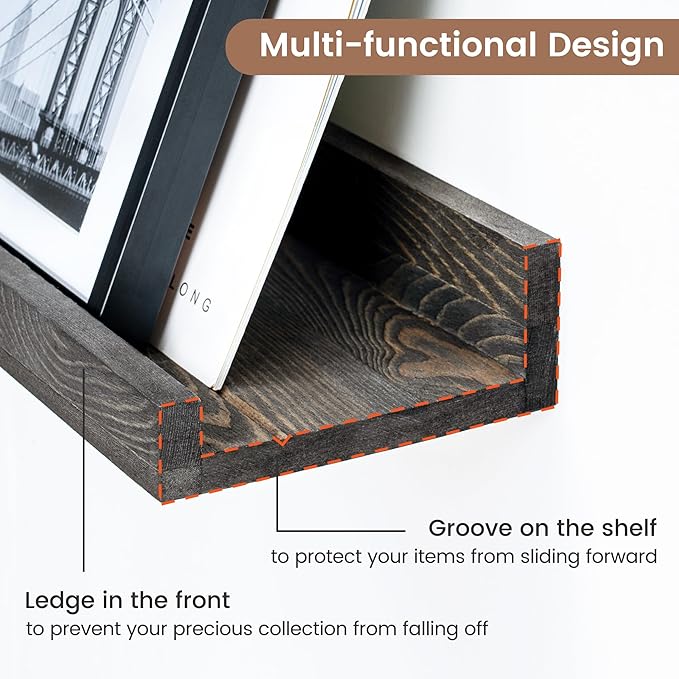 Picture Ledge Wall Shelves - Set of 3, 16 Inch Width, Solid Pine Wood Rustic Floating Ledge Shelves for Kids' Room, Bedroom, Kitchen, Bathroom, Living Room, Nursery Display Decor, Grey
