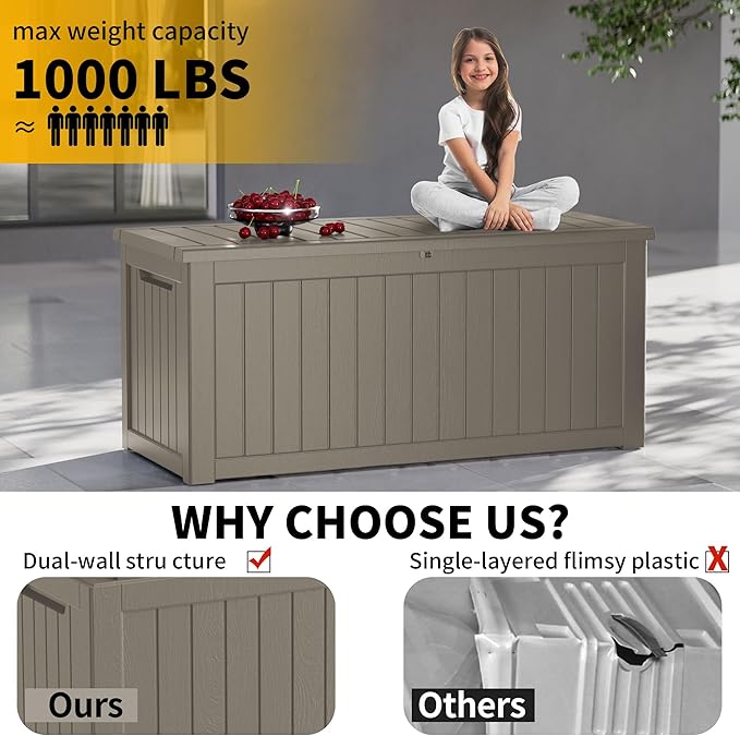 230 Gallon Double-Wall Resin Deck Box - Lockable Waterproof Outdoor Storage Box, 1000lbs Capacity & Doubles as Seating for Patio Furniture - Garden Tools, Pool Accessories (Brown)