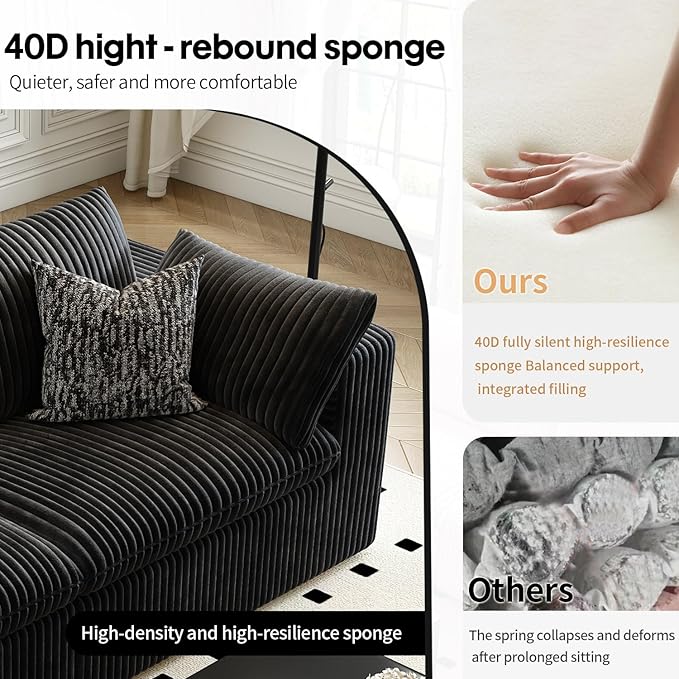 157.5" Cloud Couch Modular Sectional Sofa for Living Room,Modern Sofa with Deep Seat，L-Shape Boneless Couch with Ottoman,Comfy Upholstered Corduroy Couches for Apartment, Studio, Office,Bedroom，Black