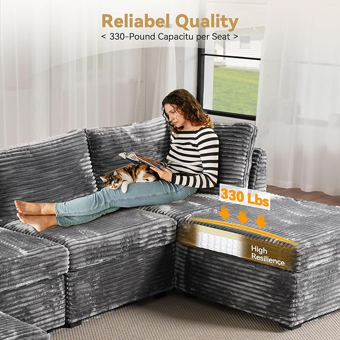 Modular Sectional Sofa with Chaise U Shaped Sectional Couch for Living Room, 7-Seater Comfy Cloud Couches, Plush Corduroy, Gray