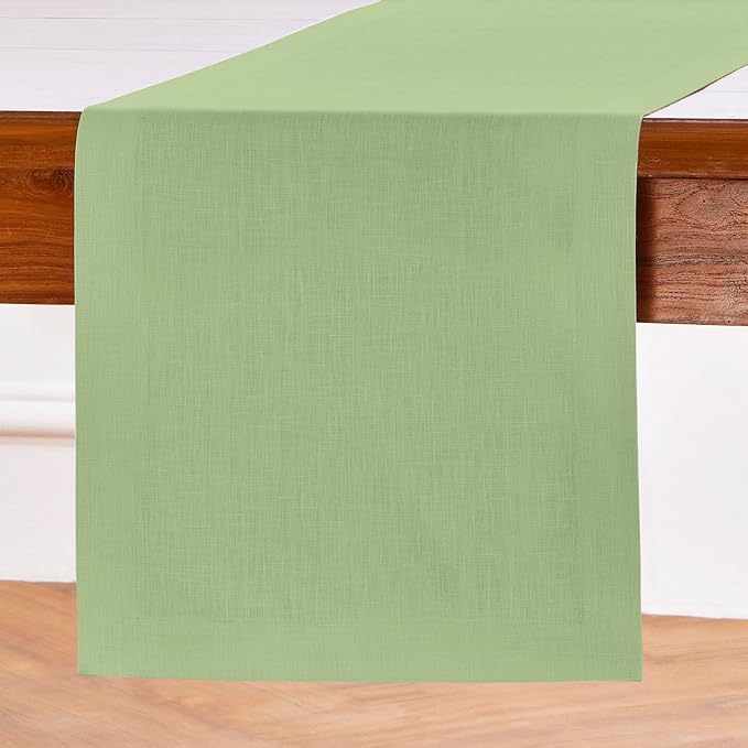 Solino Home Linen Laurel Green Table Runner 36 Inches - 100% Pure Linen Farmhouse Short Table Runner 14 x 36 Inch Ideal for Dresser and Coffee Tables - Fall, Autumn, Thanksgiving - Fete