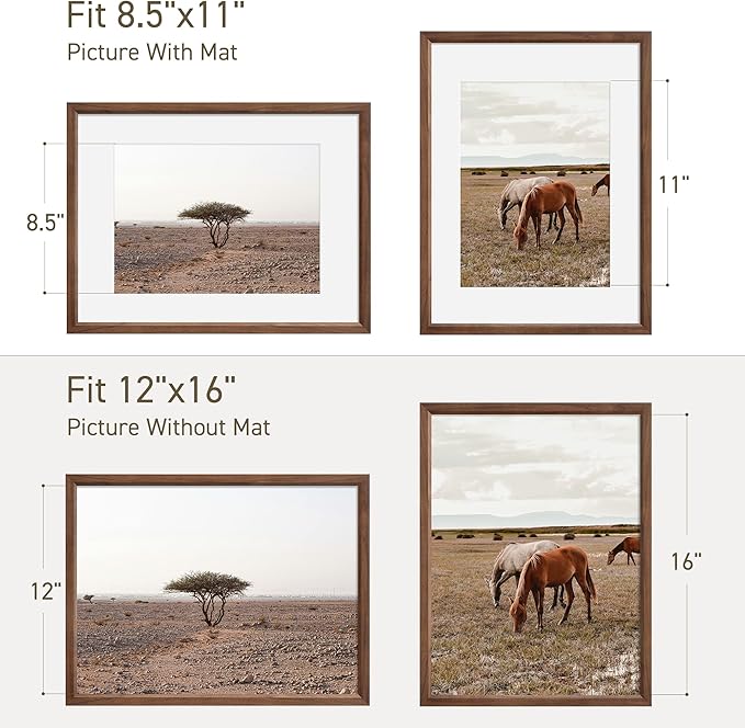 12x16 Picture Frame Set of 4 Natural Solid Walnut Photo Frames with 8.5x11 Removable Mat Wall Hanging Large Handcrafted Frame with HD Plexiglass Wall and Tabletop Display Large Poster Frame