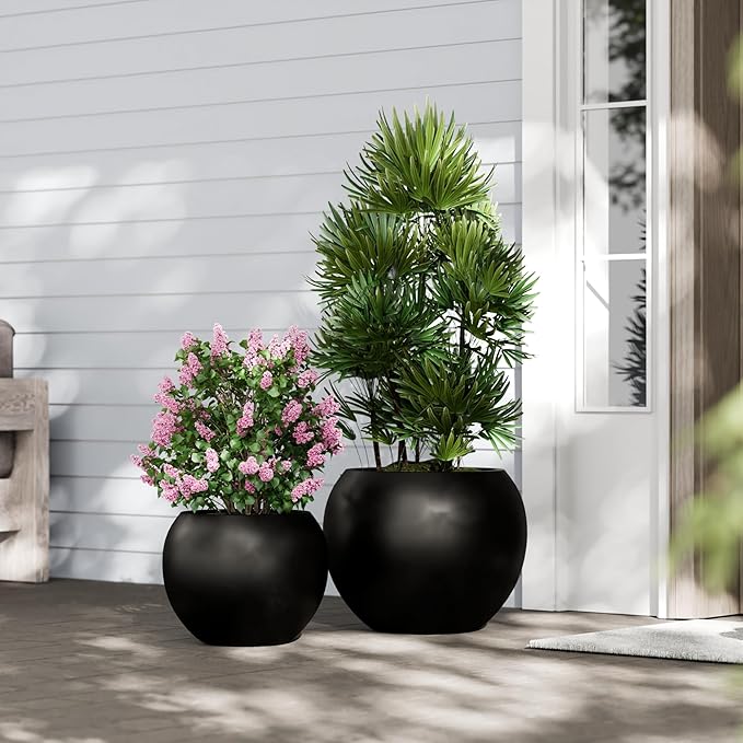 DTY Signature Mount Sherman Lightweight Durable Modern Fiberstone Sphere Planter for Indoor & Outdoor Drainage Hole & Rubber Plug Weather Resistant, 13.5" H x 17" Dia, 12" Opening- Medium, Black