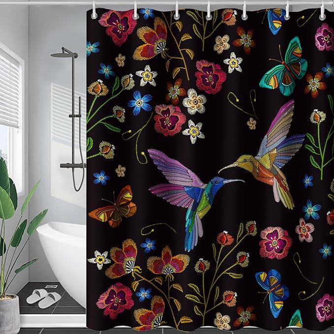 AILONEN Retro Hummingbird Shower Curtain,Wild Floral Flower Bathroom Decor with 12 Plastic Hooks,Bird Butterfly Vintage Black Curtains,Modern Bedroom Decor Gifts for Girls Teen Adult 72" W*72" H