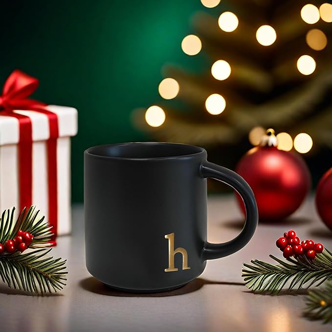 COLLECTIVE HOME - Black Monogram Ceramic Mugs, 15 oz Golden Initial Coffee Cups, Elegant Alphabet Tea Mugs, Personalized Halloween Mug with Gift Box, Perfect for Office and Home Décor (h)