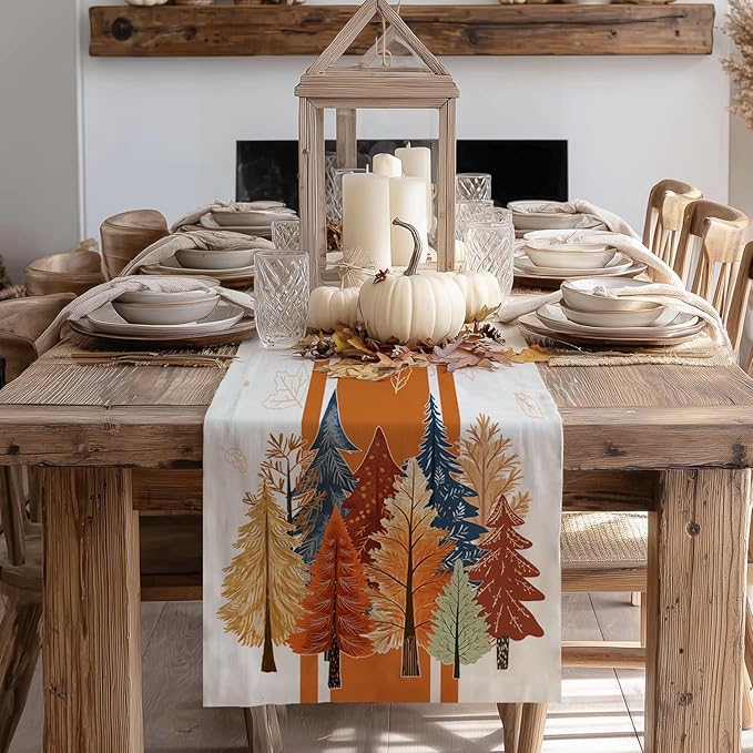 GEEORY Fall Watercolor Trees & Maple Leaves Striped Table Runner 13x72 Inch, Rustic Farmhouse Autumn Thanksgiving Decor for Kitchen, Dining, Indoor/Outdoor Holiday Dinner Party Orange GT157-72