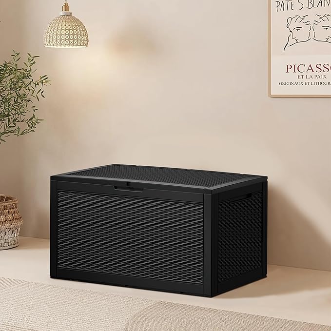 100 Gallon Resin Deck Box, Waterproof Outdoor Storage Bin for Patio Furniture, Pool Accessories, and Garden Tools, Lockable & UV-Resistant, Black