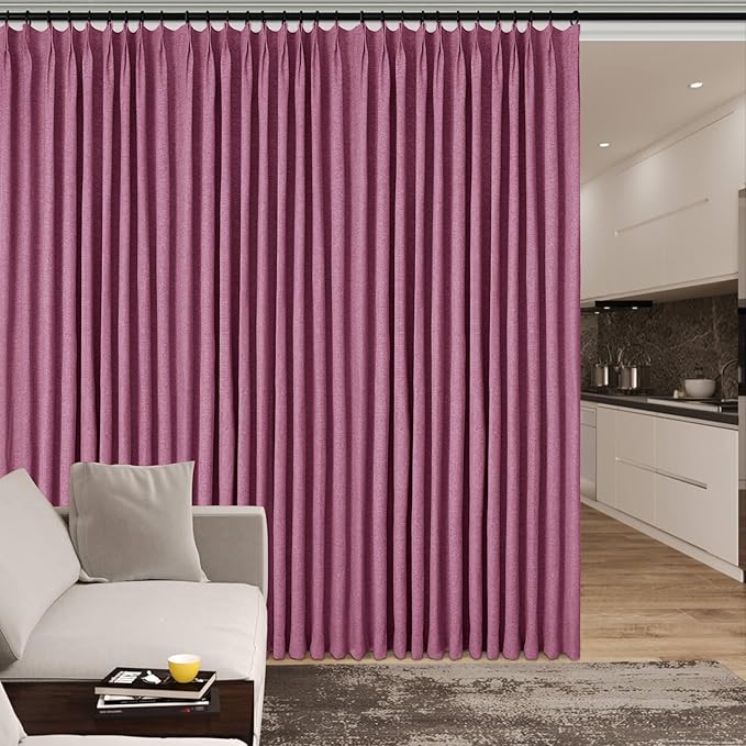 Extra Wide 100% Blackout Linen Textured Curtains - Room Dividers, W200 x L96 (1 Panel), Pinch Pleat Drapes for Living Room, Full Light Block Out Drapery for Sliding Door, Lilac