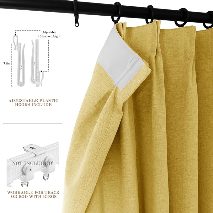 100% Blackout Linen Textured Drapes for Bedroom Pinch Pleated Curtains for Track System Portable Drapery for Sliding Glass Door/Storage/Space Room Divider, 70" Wx102 L, 1 PC, Yellow
