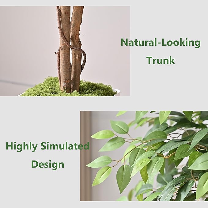 Artificial Ficus Tree 6FT Faux Floor Tree with Planter UV Resistant Potted Fake Silk Plant, Real Wood Trunk-Indoor Outdoor Lifelike Fake Ficus Tree for Home, Living Room Bedroom Topiary Tree