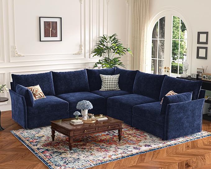 135.5" Oversized Modular Sectional Sofa, L Shaped Convertible Couch with Movable Ottoman, 5 Seat Corner Couches for Living Room Deep Seat Blue Chenille