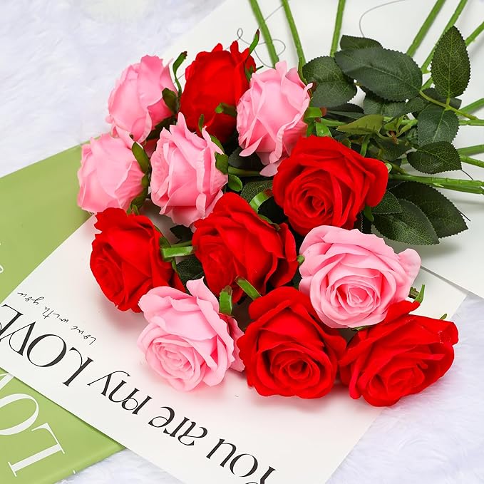 Pink Fake Roses Artificial Flowers - 16 Pcs Fake Artificial Roses Silk Flowers with Stems for Home Wedding Hotel Office Centerpiece Decor