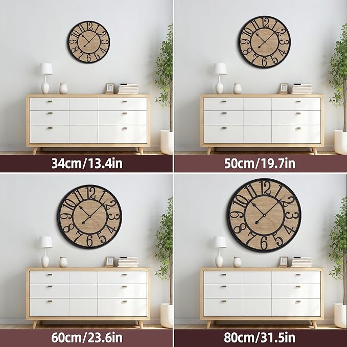 Large Wall Clock for Living Room Decor - Non-Ticking, Battery Operated Modern Vintage Wood Clock for Bedroom, Kitchen, Farmhouse, Office - Oversized Decorative Silent Clock
