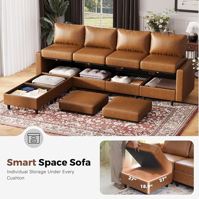 Oversized 145.5" Faux Leather Modular Sectional Sofa, Modern Large 12 Seater U Shaped Couch with Storage Seat with Reversible Chaise Deep Seat for Living Room DIY Combination - Brown