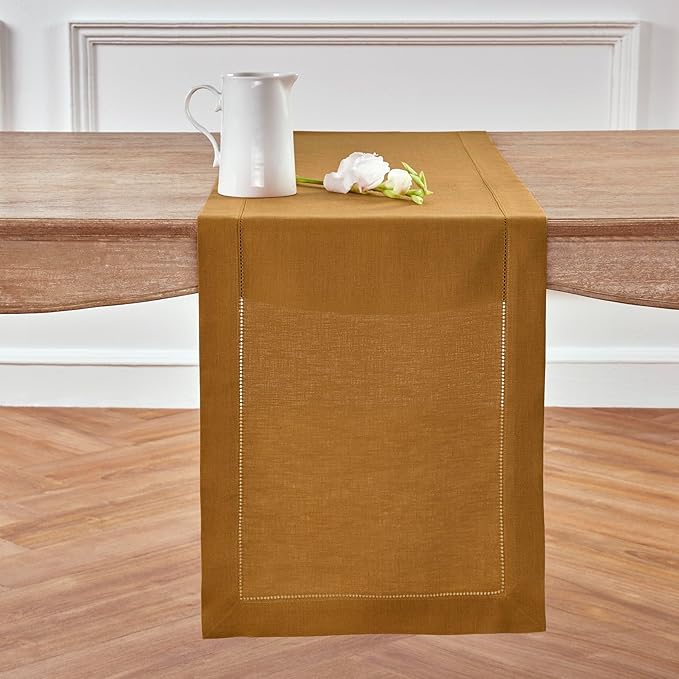 Solino Home Linen Table Runner 48 Inches - 100% Pure Linen Brown Sugar Hemstitch Table Runner 14 x 48 Inch Ideal for Dresser and Coffee Tables - Fall, Autumn, Thanksgiving - Classic Hemstitch