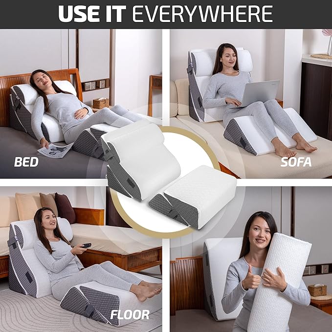 Orthopedic Bed Wedge Pillow Set w/Leg Elevation Pillow - Perfect Adjustable Memory Foam Pillows for After Surgery Recovery, Back Support, Pain Relief & Sleeping (5 pcs Grey with Cooling Fabric)