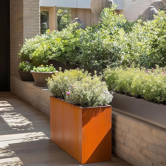 Galvanized Steel Metallic Heavy Planter for Outdoor Plants Metal Outdoor Planter Spliced Flower Box with Partitions for Outside,Indoor,Garden (Corten, 30 * 12 * 24)