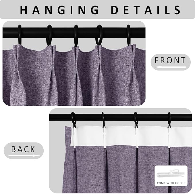 Macochico 100% Blackout Pinch Pleated Linen Curtains 84 Inch Length Thermal Blackout Curtains for Bedroom Living Room Nursery Violet Farmhouse Burlap Curtains with Tieback 52”Wx84”L 1 Panel