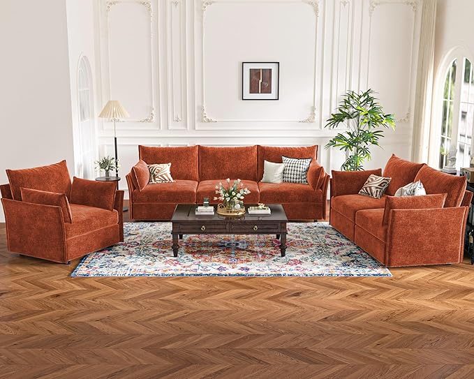 134.6" Modular Sectional Sofa, Oversized 4 Seater Terracotta Orange Couch with Removable Chenille Fabric Cover, Deep Seat & High Backrest for Living Room, Office & Apartment