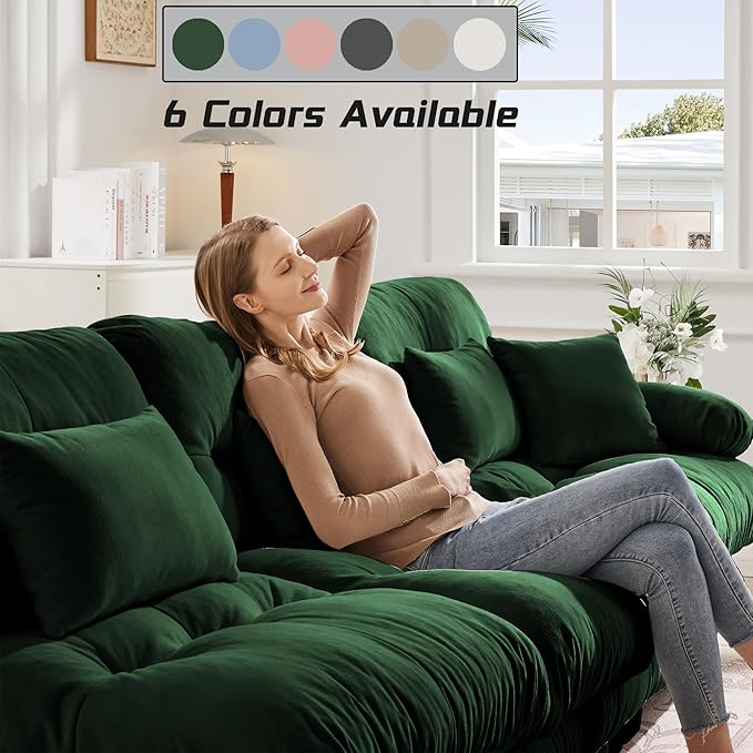 Modular Sectional Sofa, Comfy Cloud Couch 4 Seater Couch with Ottoman, Sectional Couches for Living Room, Modern Chenille L Shaped Couches, Sleeper Deep Seat Sofa with Throw Pillows, Green