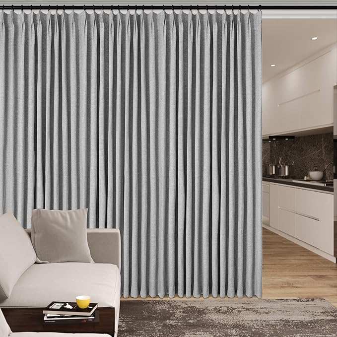 120" Wx102 L Linen Room Divider Drapes for Doorway/Glass Window/Sliding Door/Patio, Extra Wide Pinch Pleated Full Blackout Curtains for Girls Boys Teen Kids Room, 1 Panel, Light Grey
