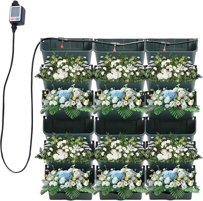 18 Pots Self-Watering Vertical Wall Planter, 39.4”L x 39.4”H Stackable Plastic Wall-Mounted Plant Grow Pots, Wall Hang Garden Planter Outdoor Indoor for Herbs Flowers Strawberries (Green)
