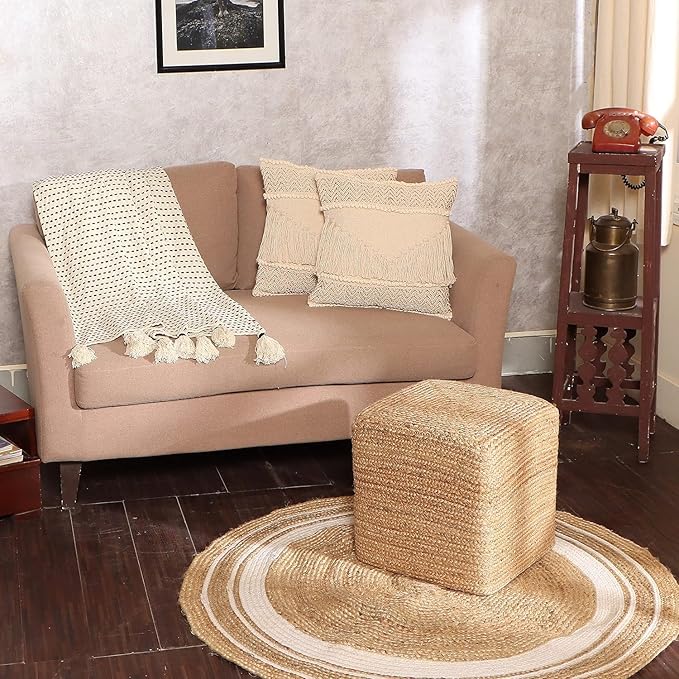 REDEARTH · Cube Pouf Foot Stool Ottoman - Jute Braided Pouffe Poof Accent Sitting - Set of 2 Footrest for The Living Room, Bedroom, Nursery, Patio, Lounge, Office - 14.5”x14.5”x16” - Natural