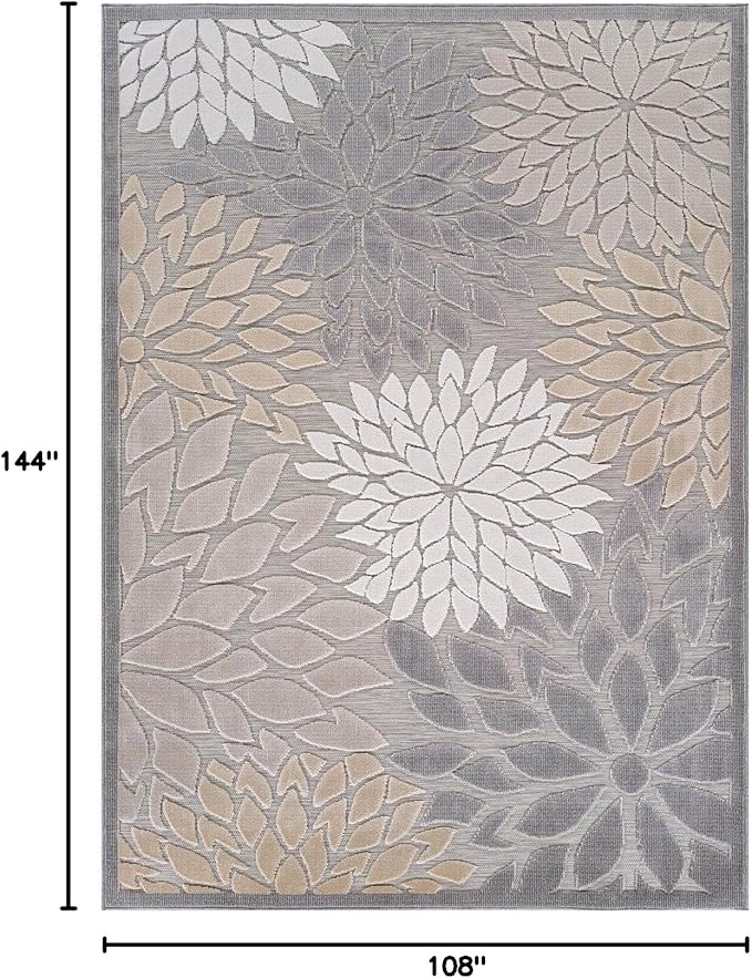 Beverly Rug Outdoor Rug 9x12 Large Modern Floral Tropical Area Rugs for Indoor and Outdoor Patio Easy to Clean Non Shedding Living Room Porch Garden Washable Outside Carpet (9 x 12 Gray)