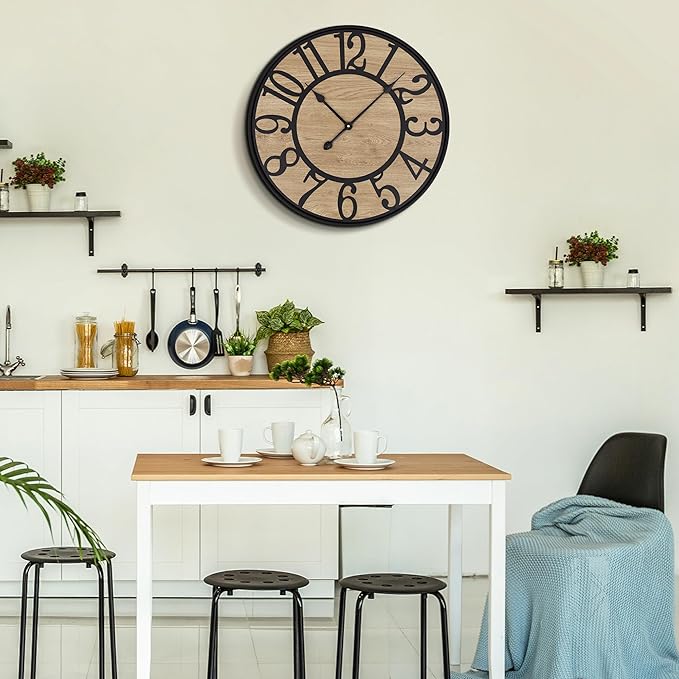 Large Wall Clock for Living Room Decor - Non-Ticking, Battery Operated Modern Vintage Wood Clock for Bedroom, Kitchen, Farmhouse, Office - Oversized Decorative Silent Clock