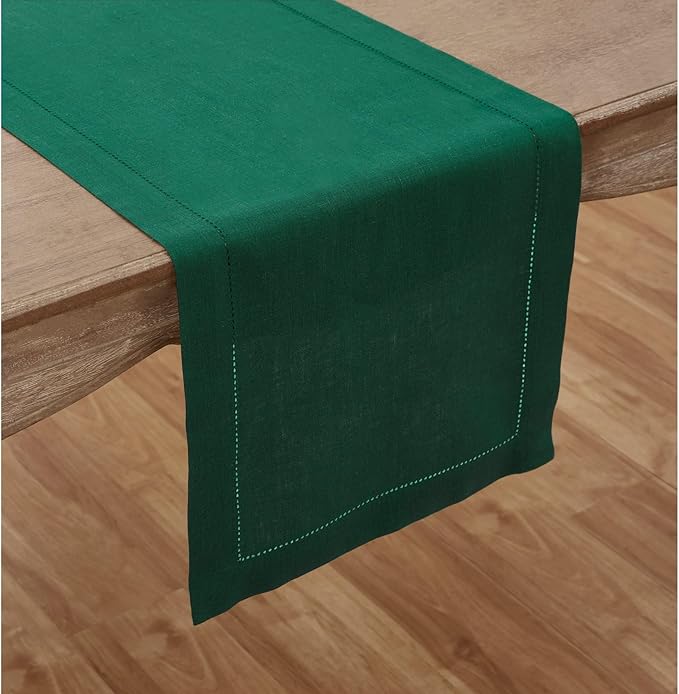 Solino Home Linen Rainforest Green Table Runner 90 Inches Long - 100% Pure Linen Hemstitch 14 x 90 Inch Table Runner for Dining, Fall, Autumn, Thanksgiving - Classic Hemstitch