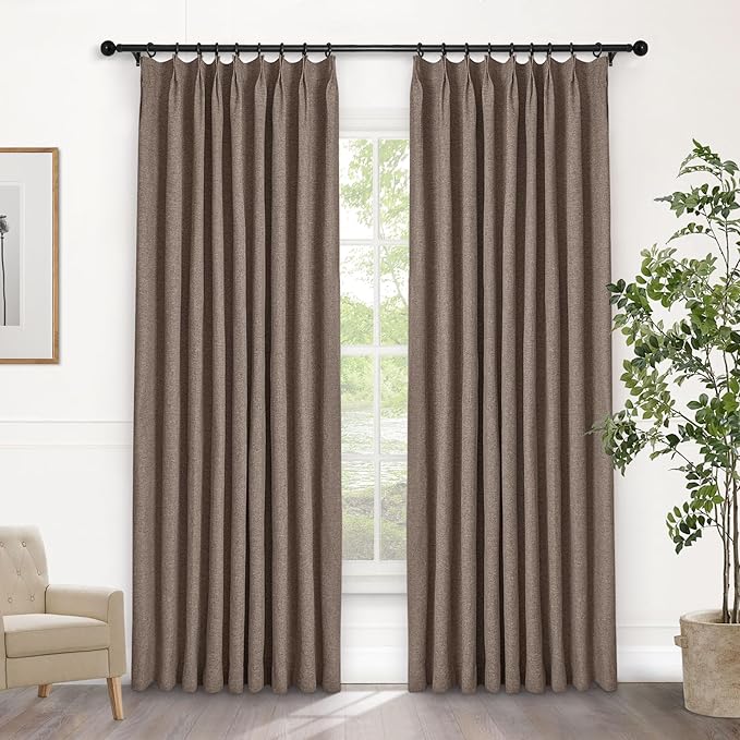Macochico Pinch Pleated Blackout Curtains 102 Inches Long 100% Blackout Natural Linen Drapes for Bedroom Living Room Windows Farmhouse Burlap Curtains with Tieback 52”Wx102”L Light Brown 1 Panel