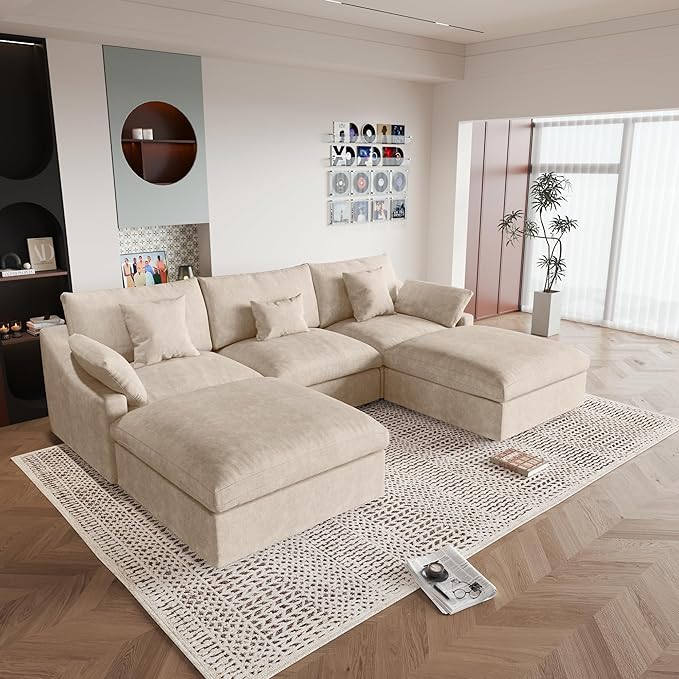 JACH U Shaped Sectional Couches, Cloud Sectional Couch with Deep Seat, 119" Down Filled Modular Sofa with Chaise, Covers Removeable & Washable, Sofas Furniture for Living Room, Khaki