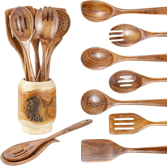 Gudamaye 13 inch Long Wooden Spoons for Cooking,Wooden Utensils for Cooking with Utensils Holder,9 PCES Wooden Kitchen Utensils Set with Utensils Holder and Spoon Rest,Natural Teak Wooden Spoons Set