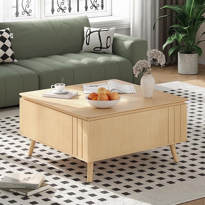 Lift Top Coffee Table with Storage,36" Large Square Coffee Tables for Living Room,Mid Century Modern Center Table for Home Office, Oak