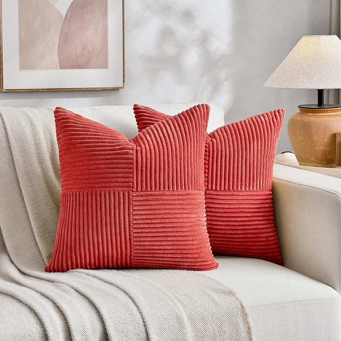 Fancy Homi 2 Packs Red Decorative Throw Pillow Covers 20x20 Inch for Living Room Couch Bed Sofa, Holiday Christmas Home Decor Gift, Soft Corss Corduroy Patchwork Accent Square Cushion Case 50x50 cm