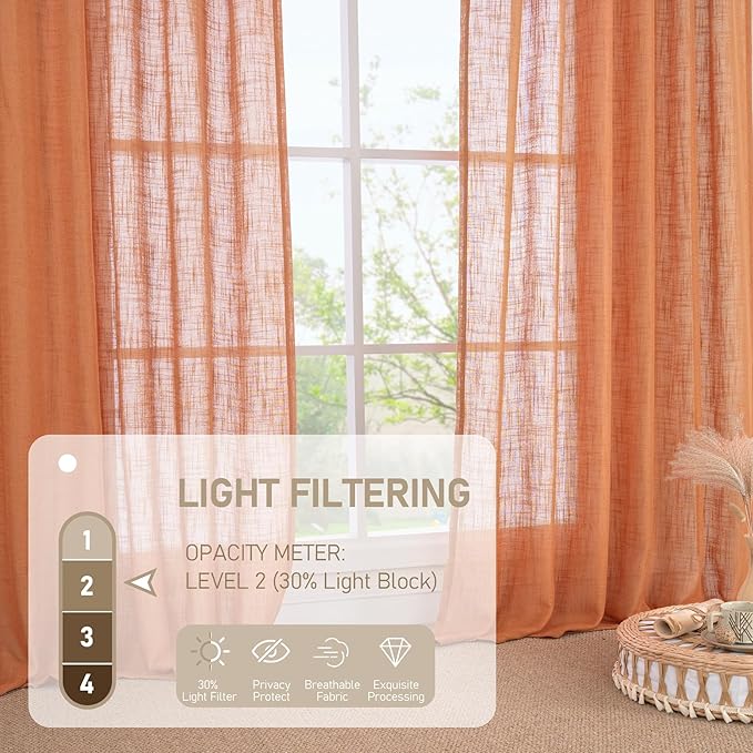 LAMIT Burnt Orange Linen Curtains 48 Inch Length for Kitchen, Semi Sheer Light Filtering Panels Bronze Grommet Small Window Drapes for Basement, 2 Panels, 34 x 48 Inch