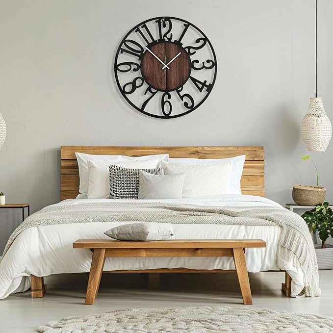 Maxstar Round Wall Clock for Living Room Decor Battery Operated Non Ticking Silent Vintage Black Metal Wood Clocks for Home Living Room Garden Farmhouse Office Kitchen Decoration -13 inch