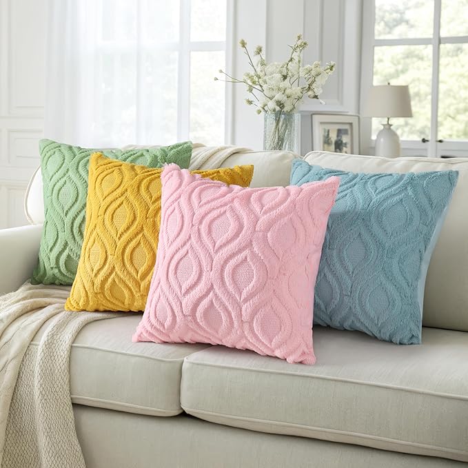 decorUhome Throw Pillow Covers 20x20 Inch Set of 2, Soft Plush Decorative Faux Fur Mustard Yellow Solid Couch Pillow Covers, Accent Farmhouse Neutral Square Euro Pillow Cases for Sofa Bed Living Room
